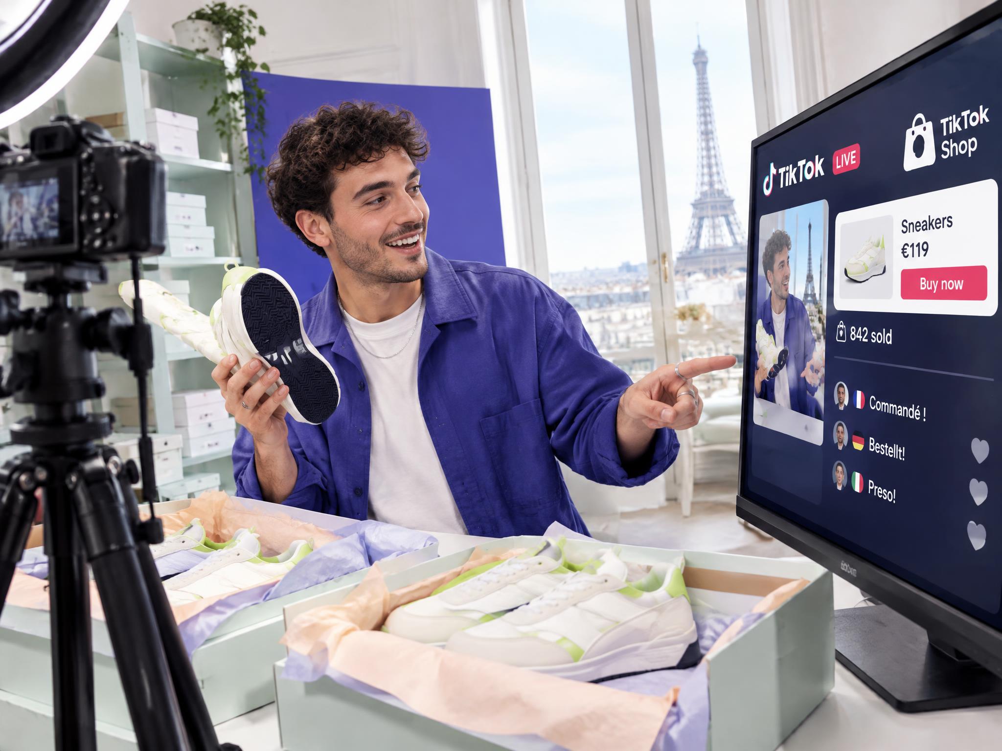 Creator holding a sneaker during a TikTok Shop live, pointing at a screen showing the product and buyer comments, Eiffel Tower in the background