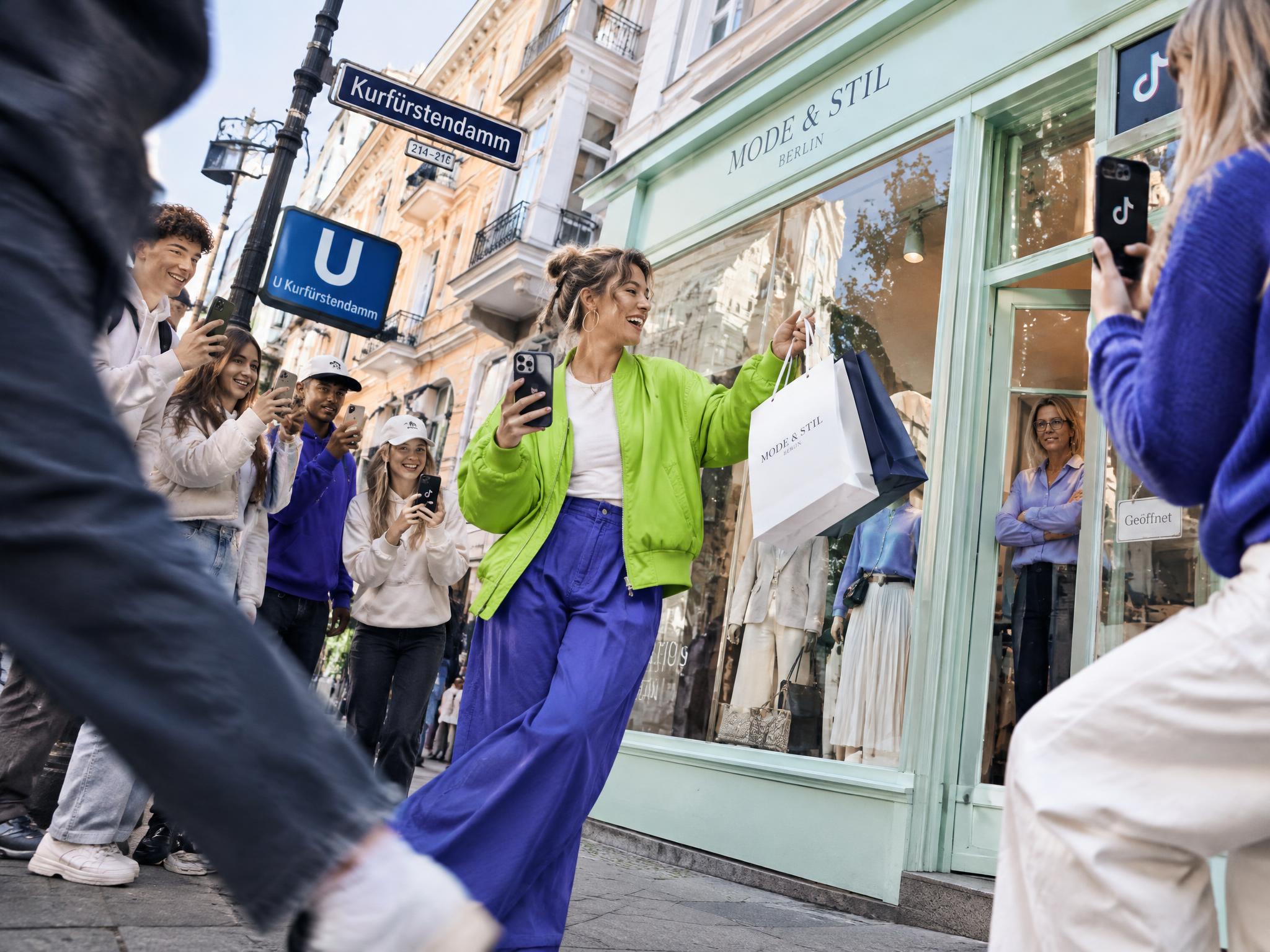 Creator filming herself with shopping bags outside a Berlin fashion store on Kurfürstendamm, watched by fans