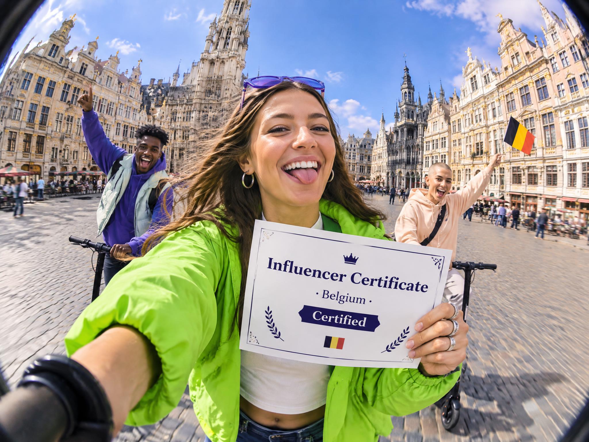 Young creators on Brussels' Grand-Place holding a Belgian Influencer Certificate