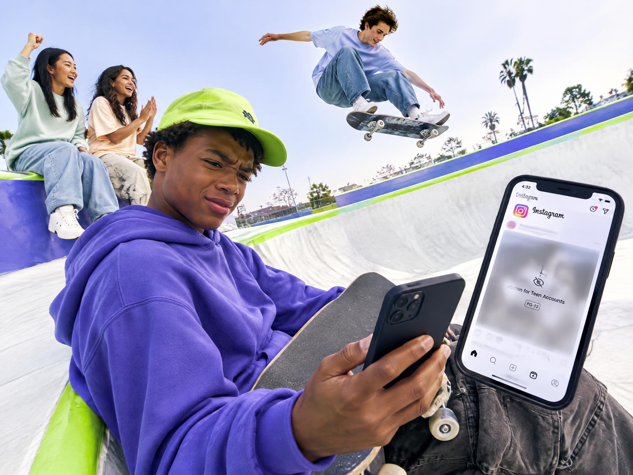 Teenagers at a skate park with Instagram's PG-13 teen account screen on a phone