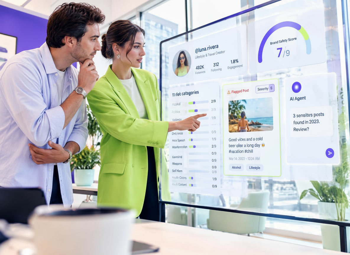 Two marketers reviewing a creator's brand safety score and flagged posts on a large screen