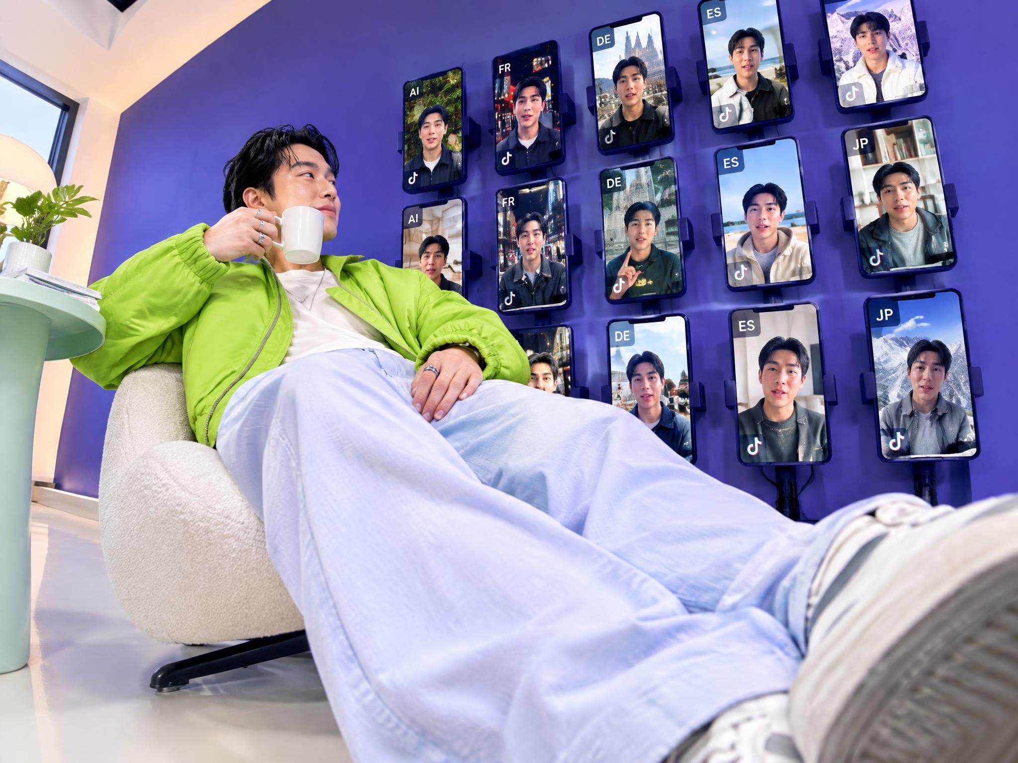 Creator relaxing in a chair in front of a wall of phones showing AI versions of him in different languages