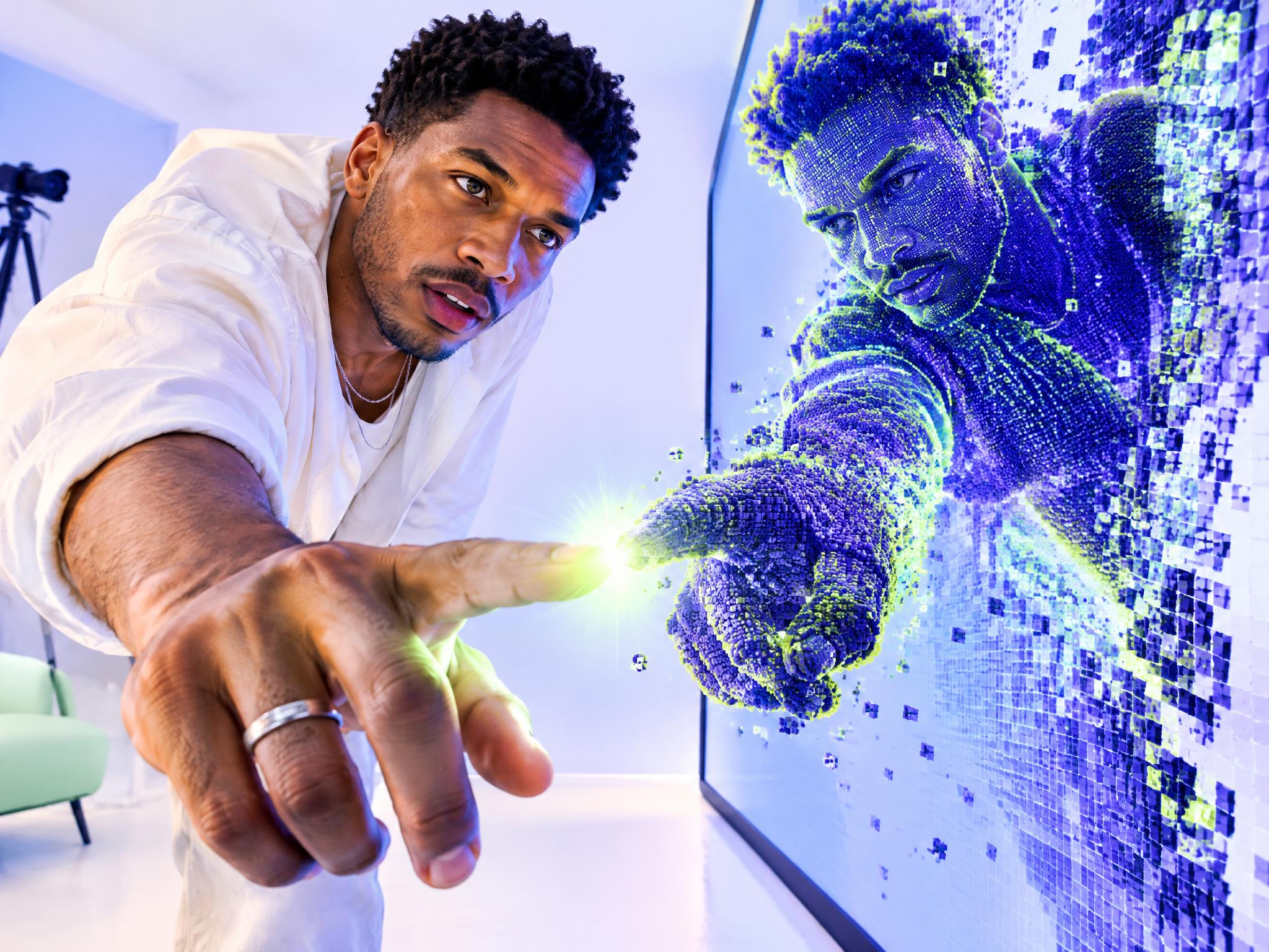 Man pointing at a pixelated digital avatar of himself on a screen