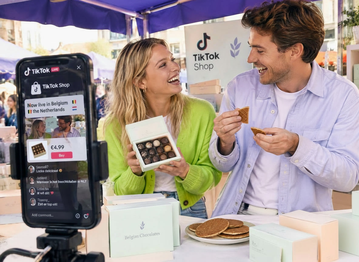 Two creators selling Belgian chocolates and waffles in a TikTok Shop livestream