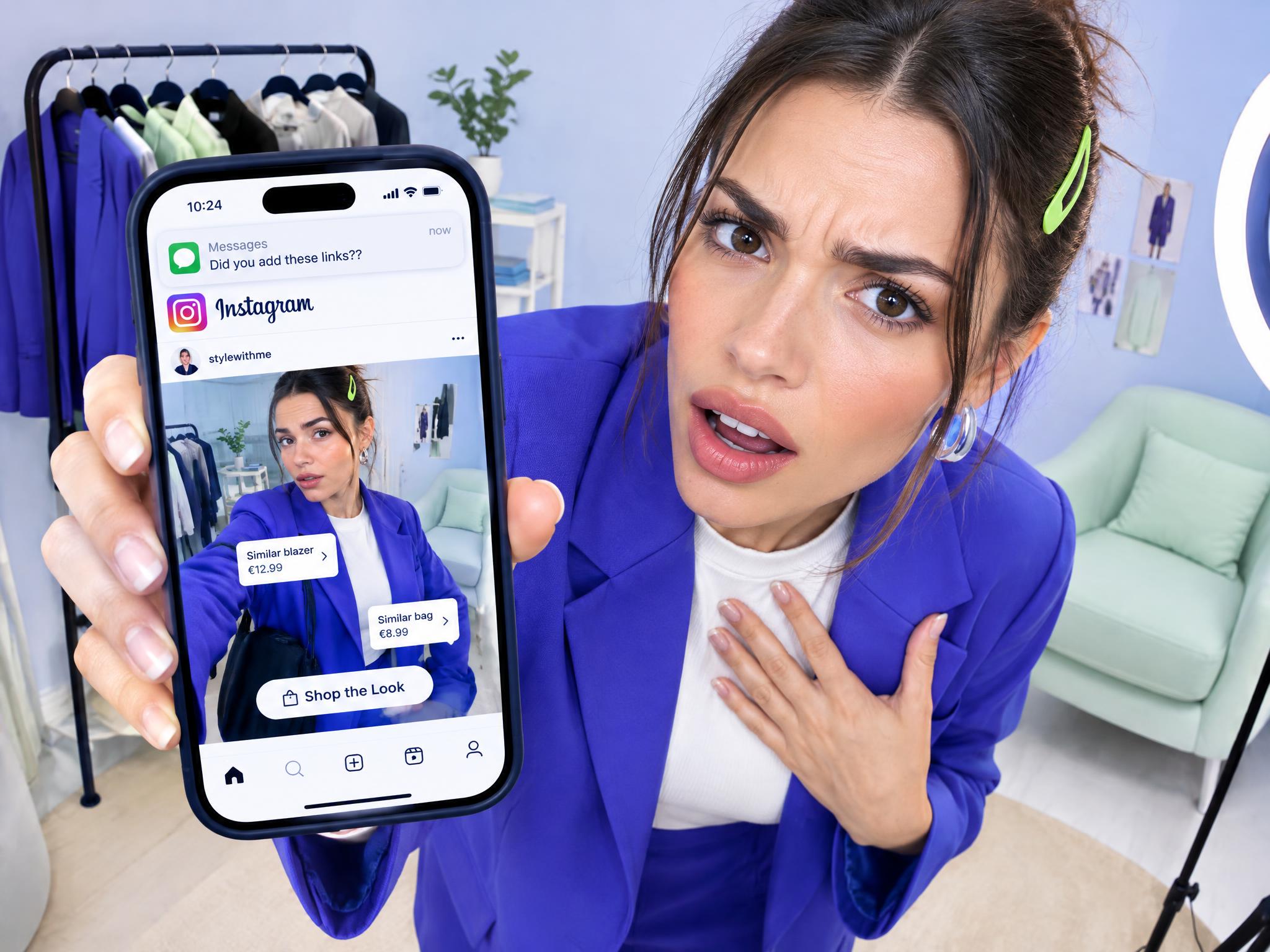 Surprised creator holding a phone showing an Instagram post with AI "Shop the Look" product tags