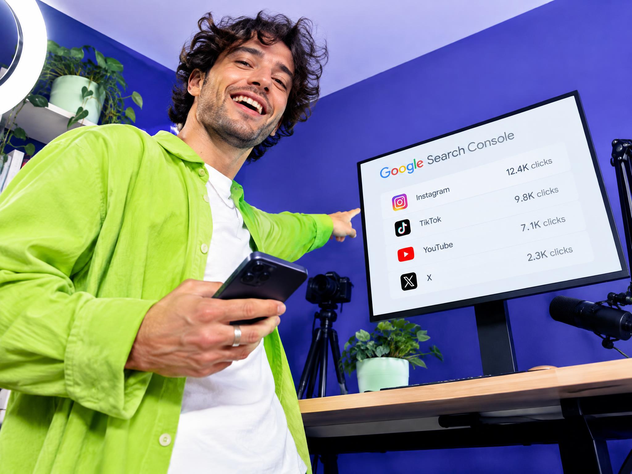 Creator pointing at a Google Search Console screen showing clicks from Instagram, TikTok, YouTube and X