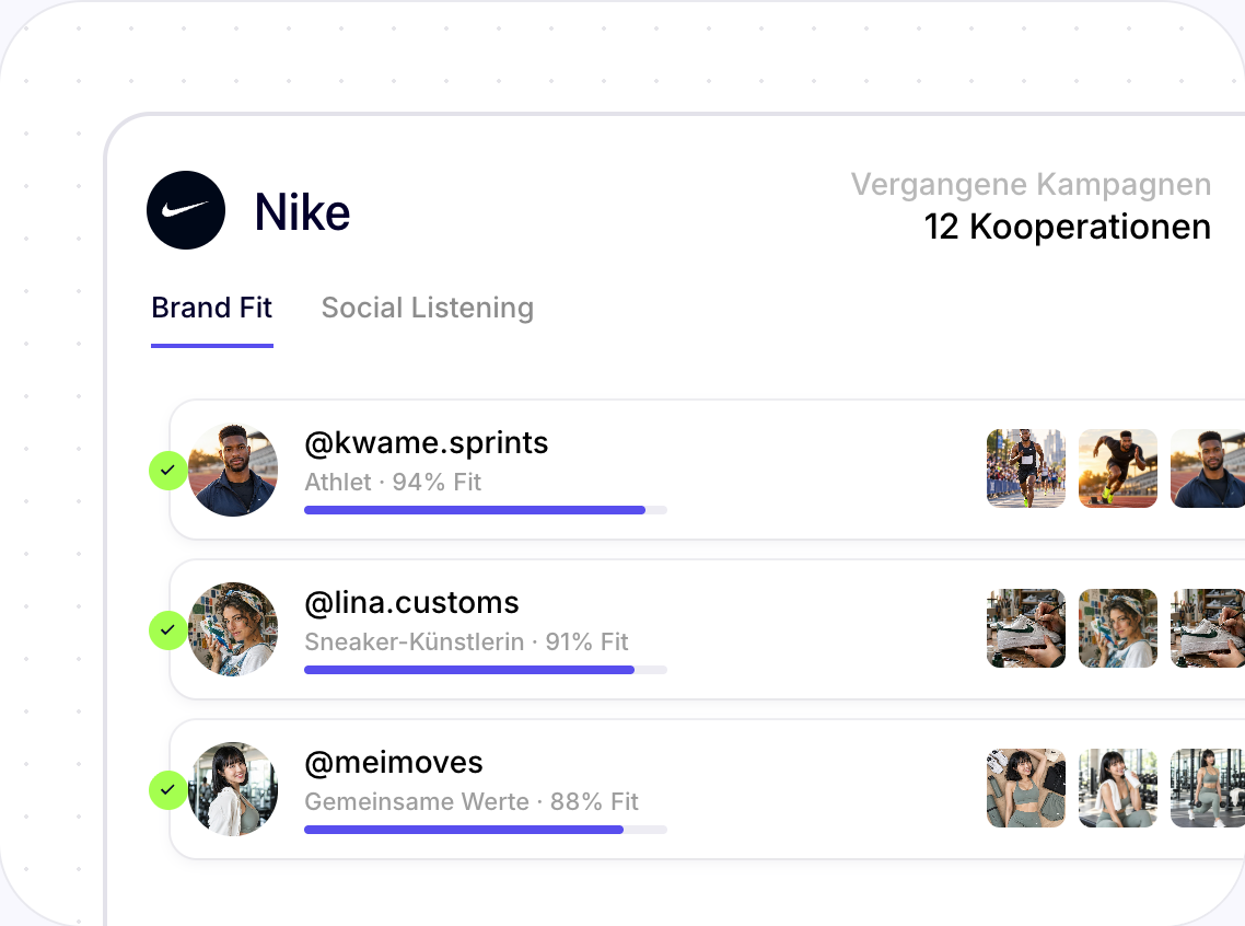 Stellar Brand Fit für Nike: drei Creator mit ihrem Fit-Score.