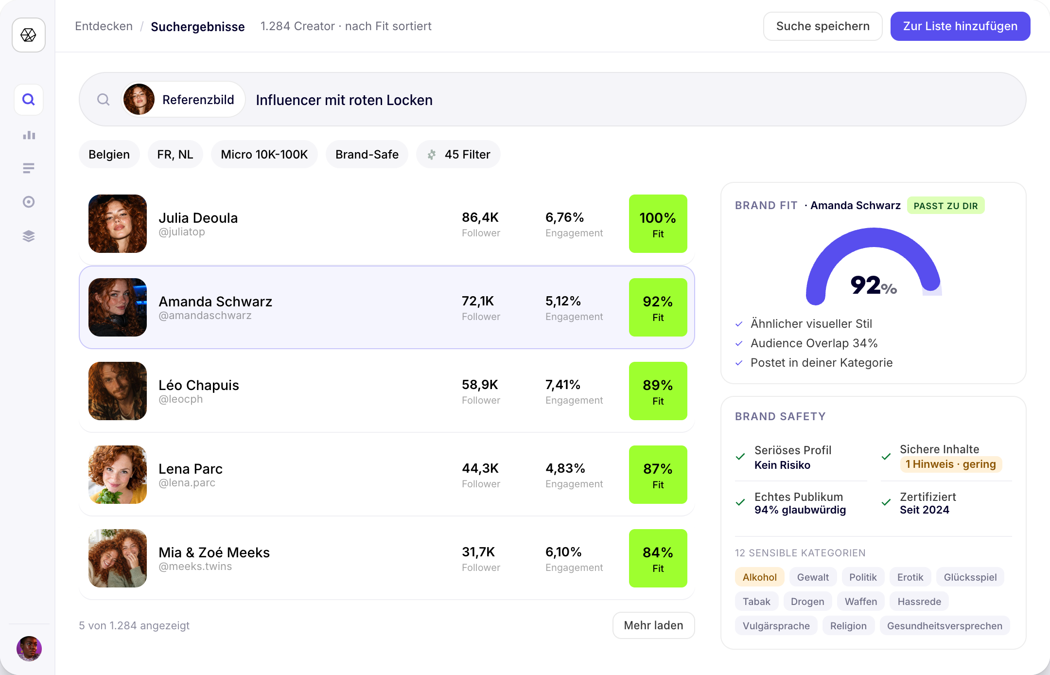 Stellar Suchergebnisse, sortiert nach Brand Fit, mit Brand-Safety-Analyse und 12 sensiblen Kategorien.