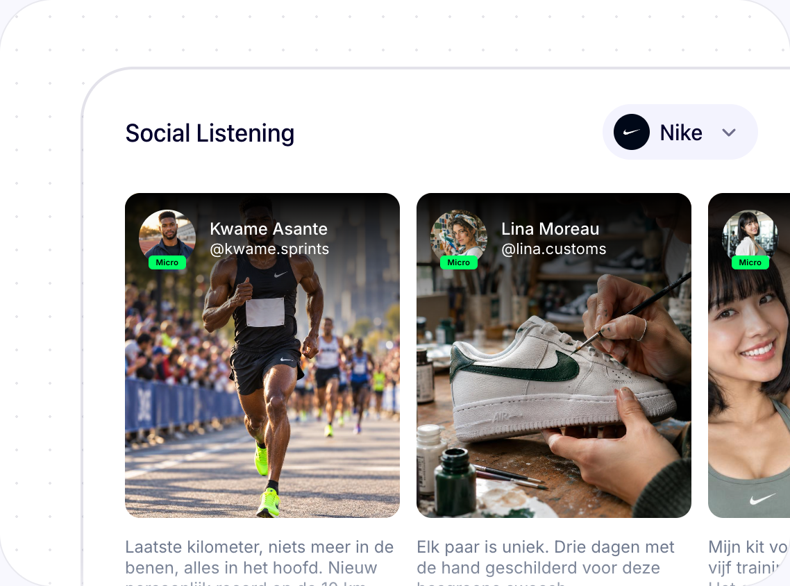 Stellar social listening: posts van creators die Nike vermelden
