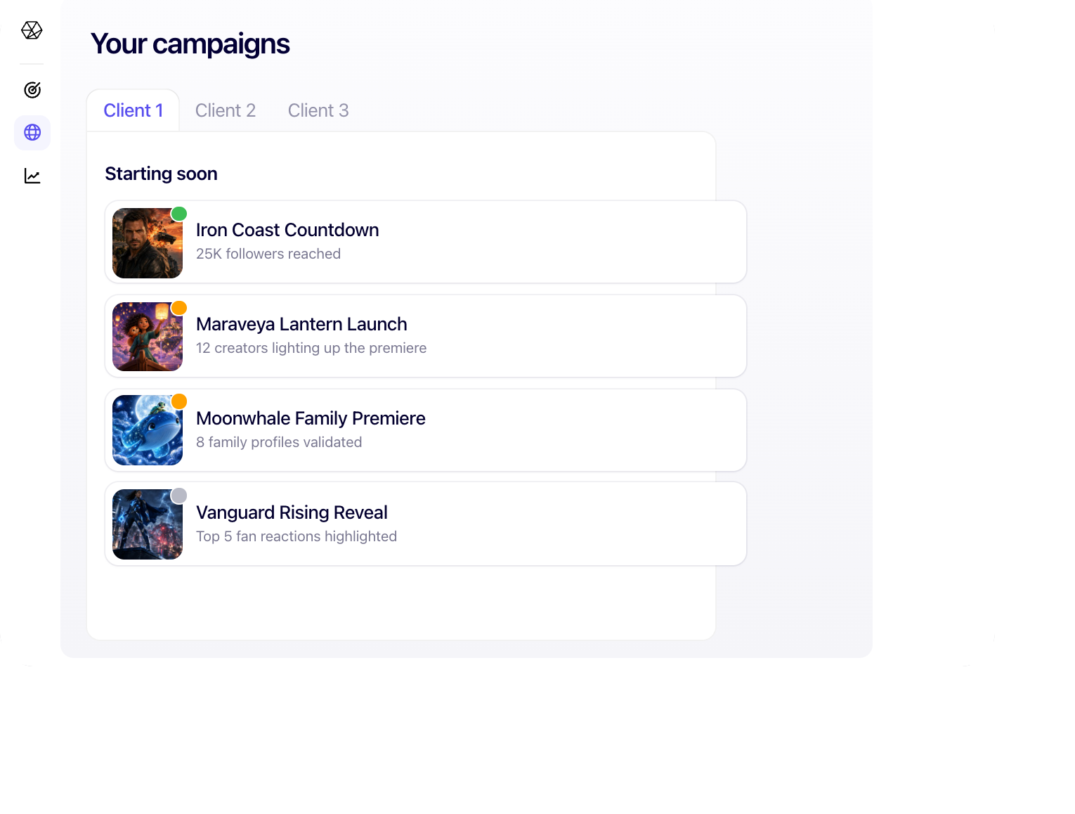 Stellar campaign dashboard listing an agency's four upcoming entertainment campaigns with their status