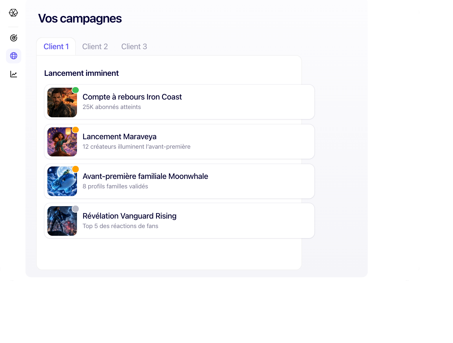 Tableau de bord Stellar listant les quatre prochaines campagnes divertissement d’une agence avec leur statut
