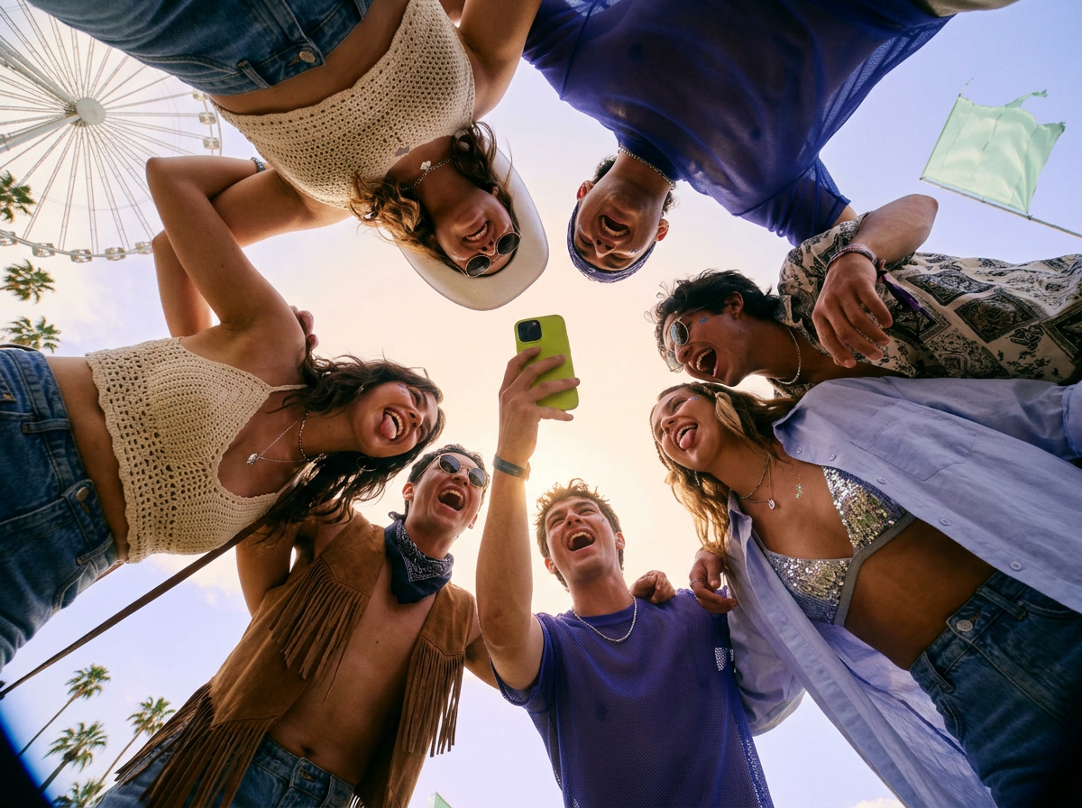 Festival-goers in a circle laugh down at the camera as one takes a selfie, with the Coachella Ferris wheel and palm trees behind them