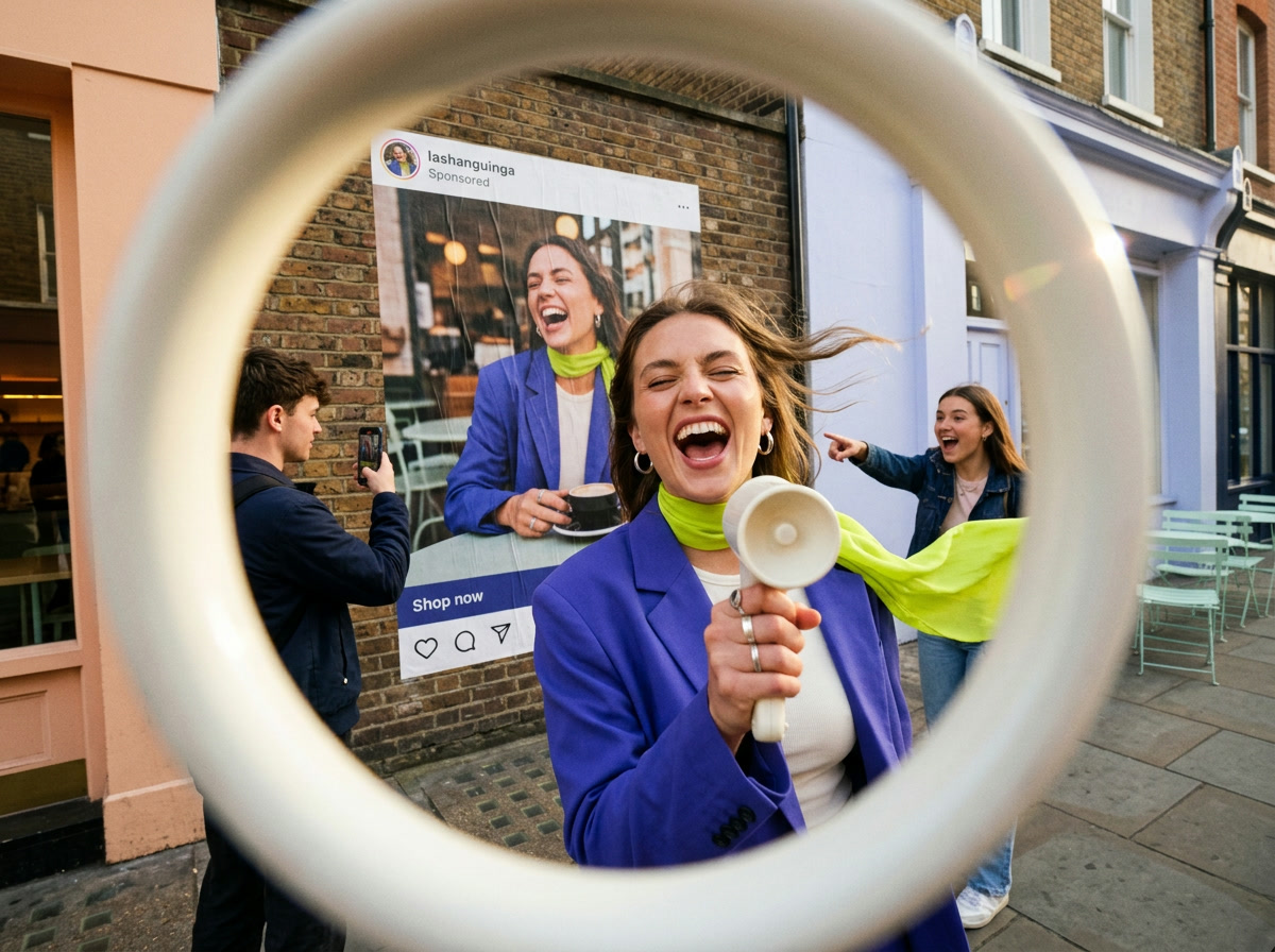 A creator shouts into a megaphone through a giant ring frame in front of a street poster of her own sponsored post