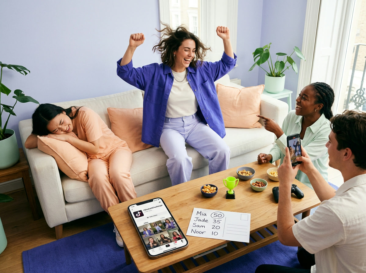 Friends play a social media challenge in a living room, one cheering on the sofa next to a scoreboard and a small trophy