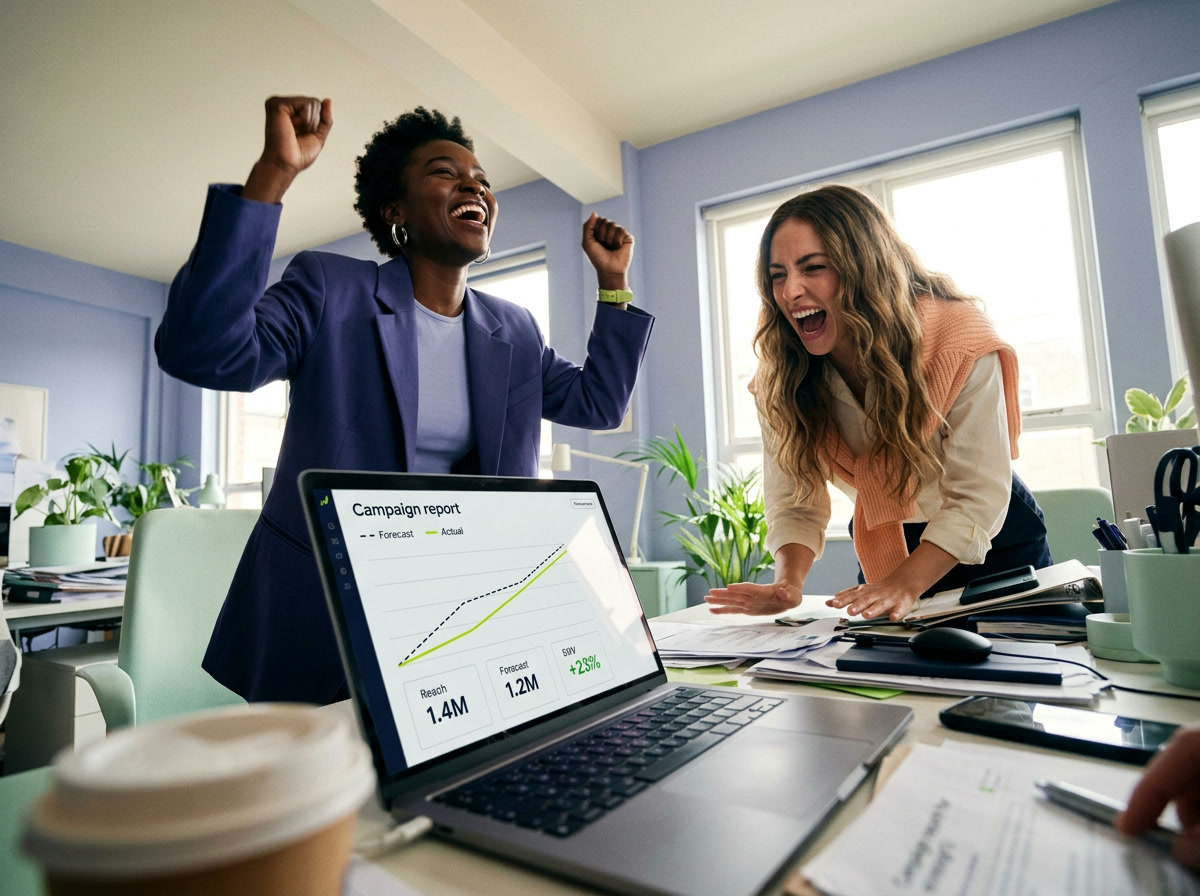 Two marketers cheer at a laptop showing a campaign report where actual reach beats the forecast