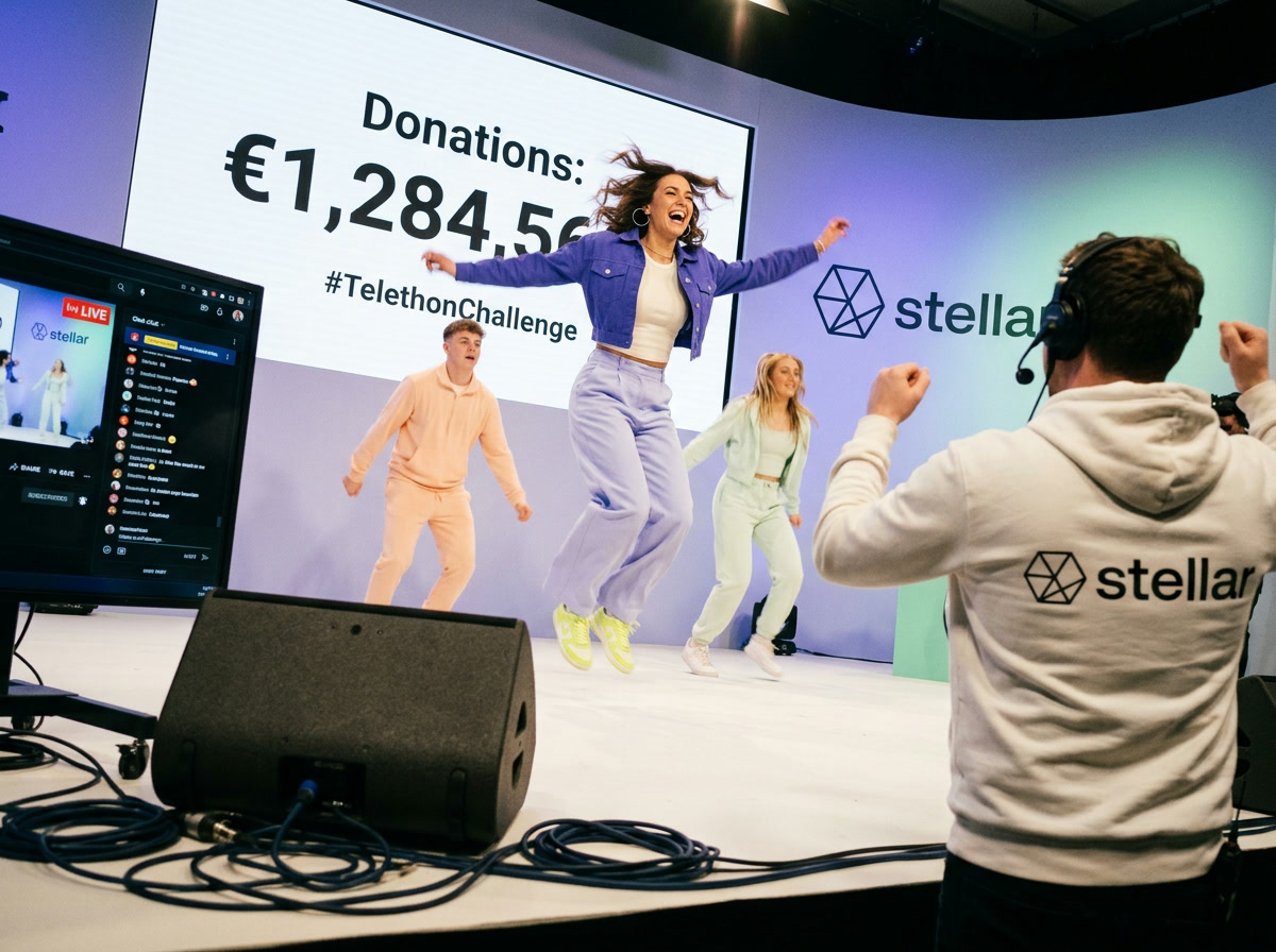 Creators jump on a Stellar stage in front of a screen showing the donation total for the #TelethonChallenge live stream