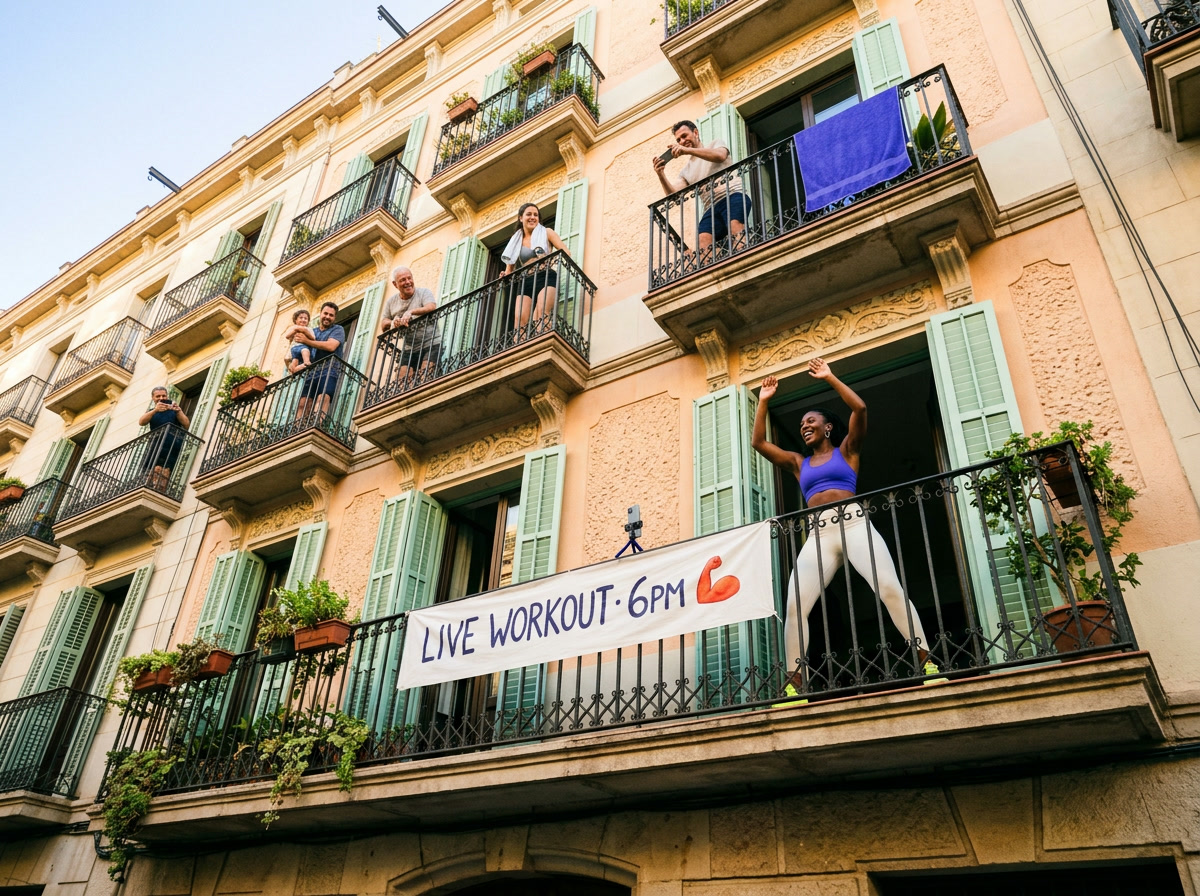 Neighbours on their balconies join a woman leading a live workout from her balcony under a "Live workout 6pm" banner