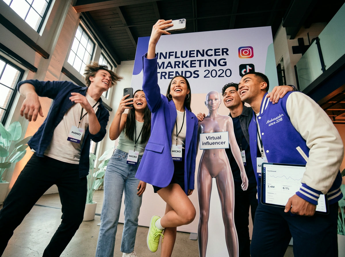 Creators take a group selfie next to a virtual influencer figure in front of an "Influencer marketing trends 2020" banner