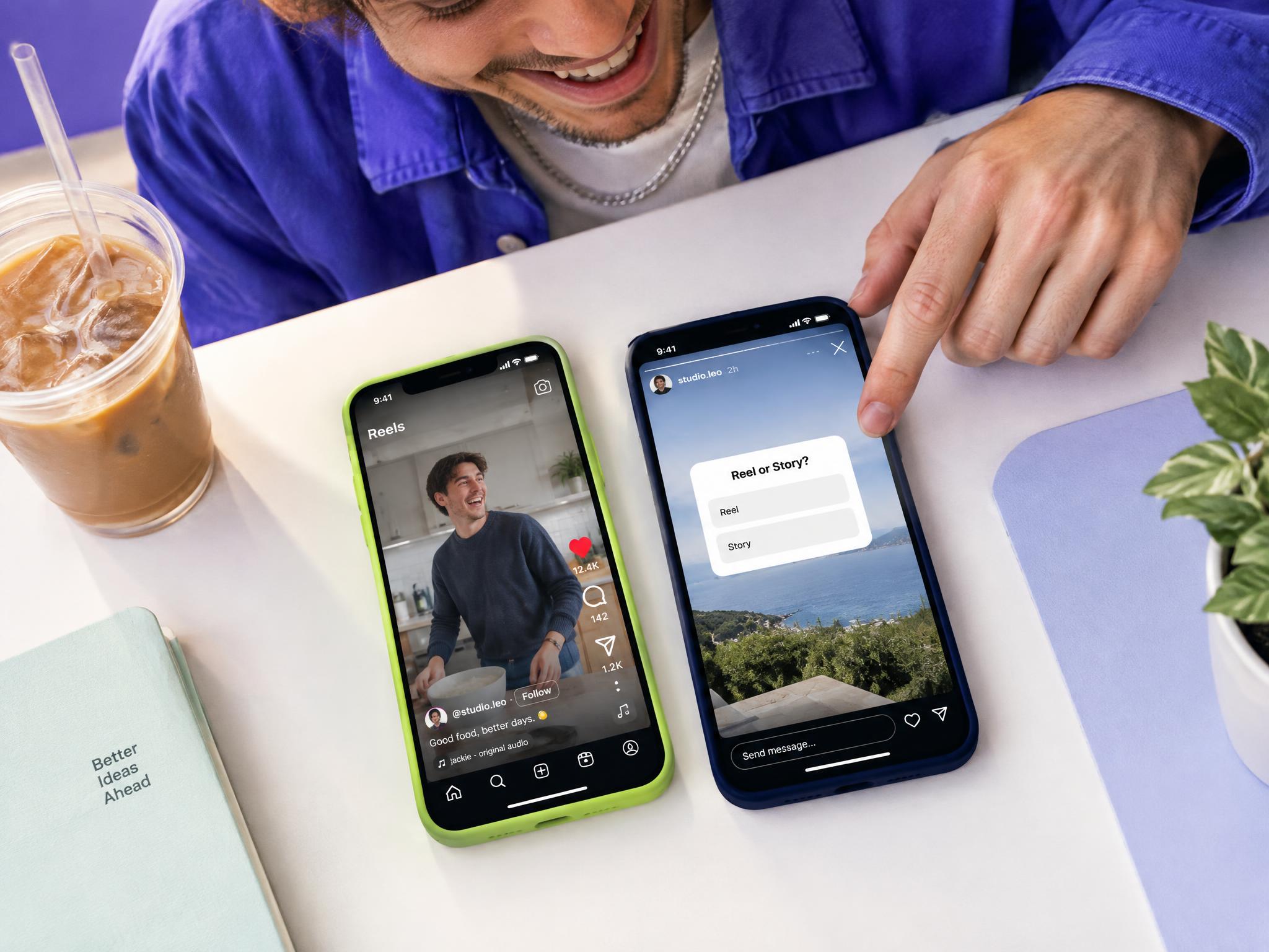 Two phones side by side on a table, one playing an Instagram reel and one showing a story with a "Reel or Story?" poll