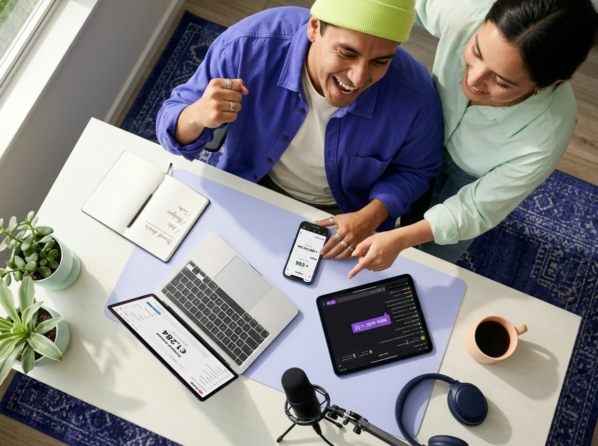 A creator celebrates his earnings on a phone at a desk with a laptop, tablet and podcast microphone, as a friend points at the screen