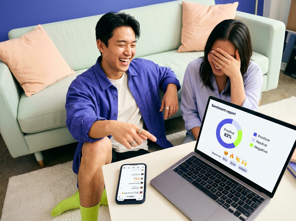 Two people laugh by a sofa next to a laptop showing a sentiment report with 82% positive comments