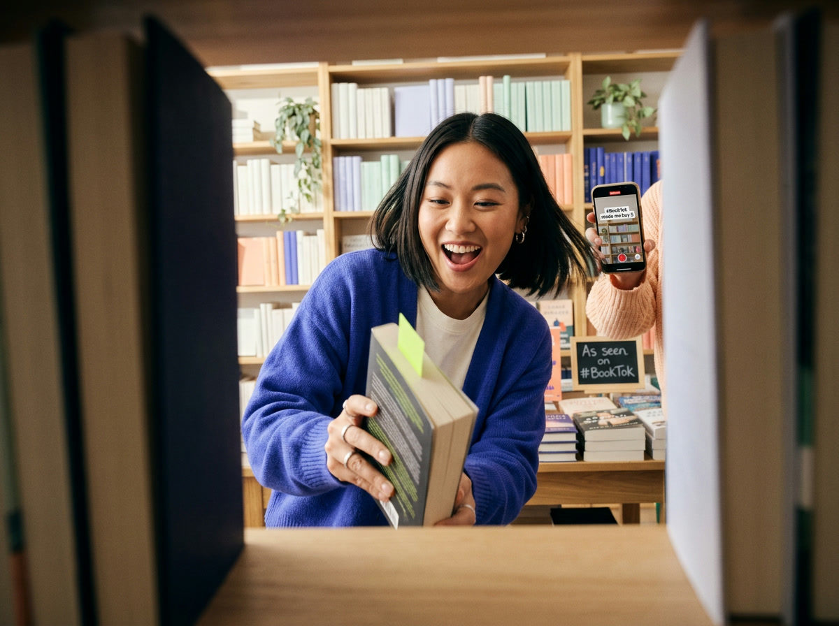 A delighted reader pulls a book from a bookshop shelf next to an "As seen on #BookTok" sign while a friend films her