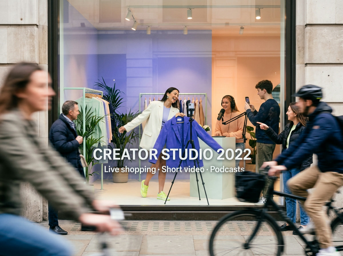 Passers-by watch a creator host a live shopping session in a shop window labelled Creator Studio 2022: live shopping, short video, podcasts