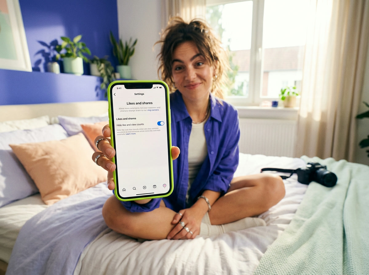 A creator sitting on her bed holds up a phone showing the Instagram setting to hide like and view counts