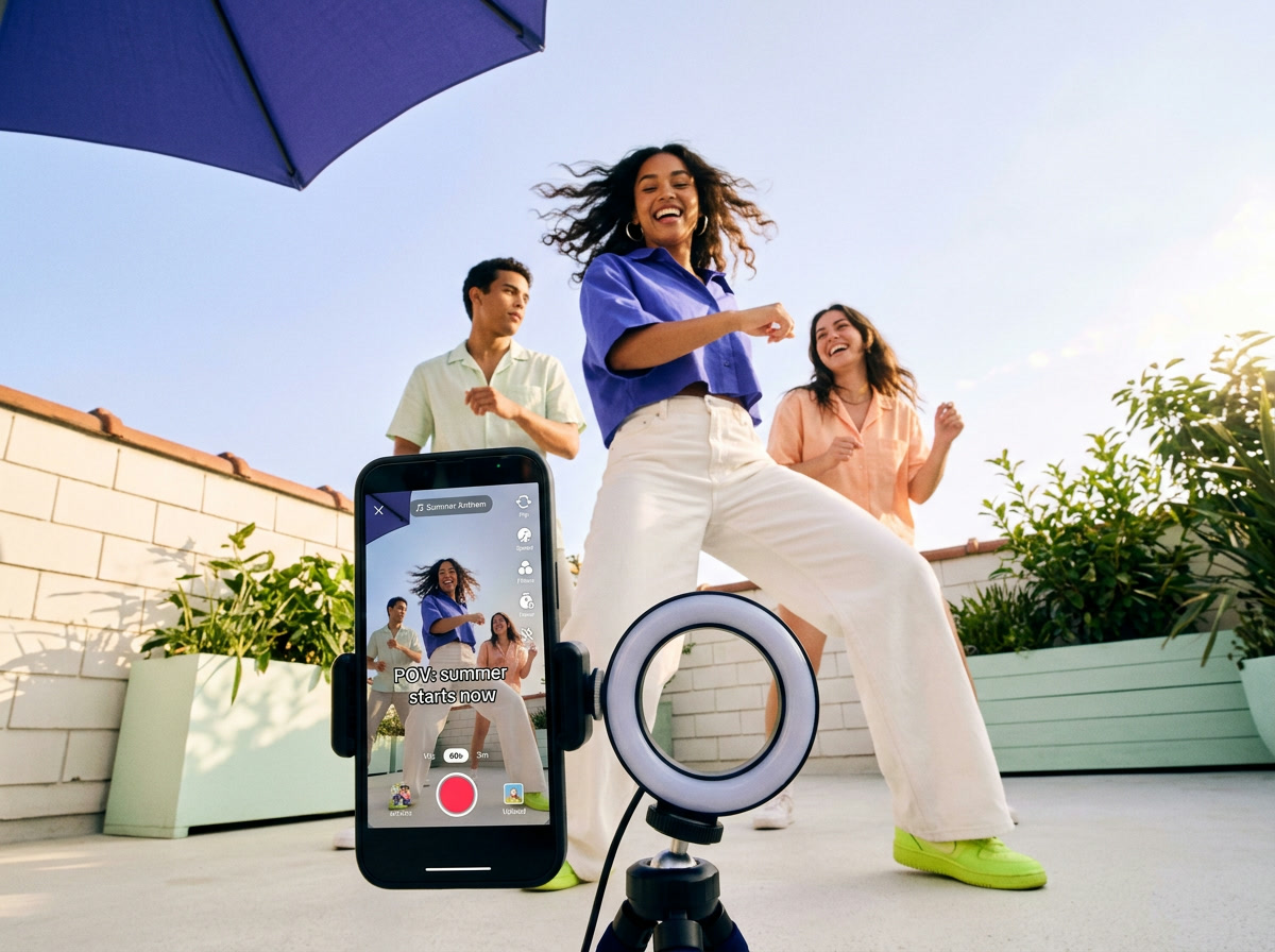 Three friends dance on a sunny rooftop while a phone on a tripod with a ring light films a summer TikTok trend