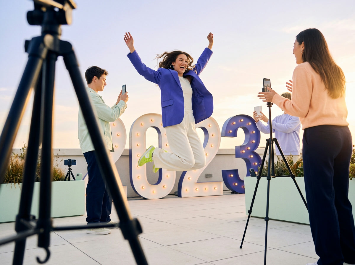 A creator jumps in front of giant illuminated 2023 letters on a rooftop at sunset while friends film her on phones and tripods