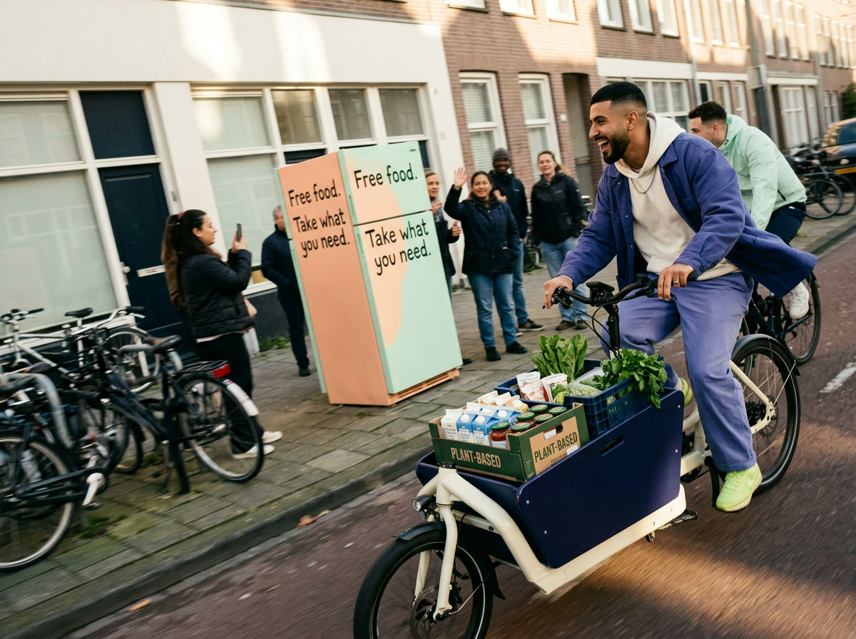 A man rides a cargo bike full of groceries past a community fridge reading "Free food. Take what you need." as neighbours cheer and film