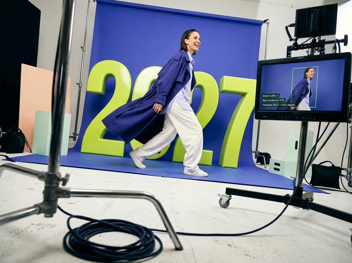 Smiling creator striding past giant lime 2027 letters on a purple studio set, with a monitor showing AI checks: brand safe, real audience 94%, reach forecast