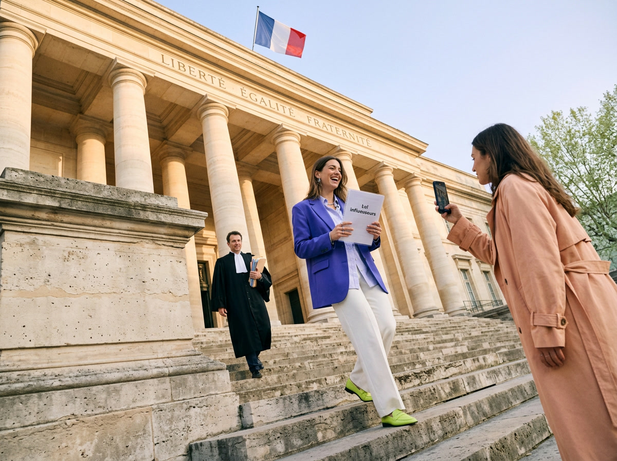 A creator walks down the steps of a French courthouse holding a document titled "Loi influenceurs" while a friend films her