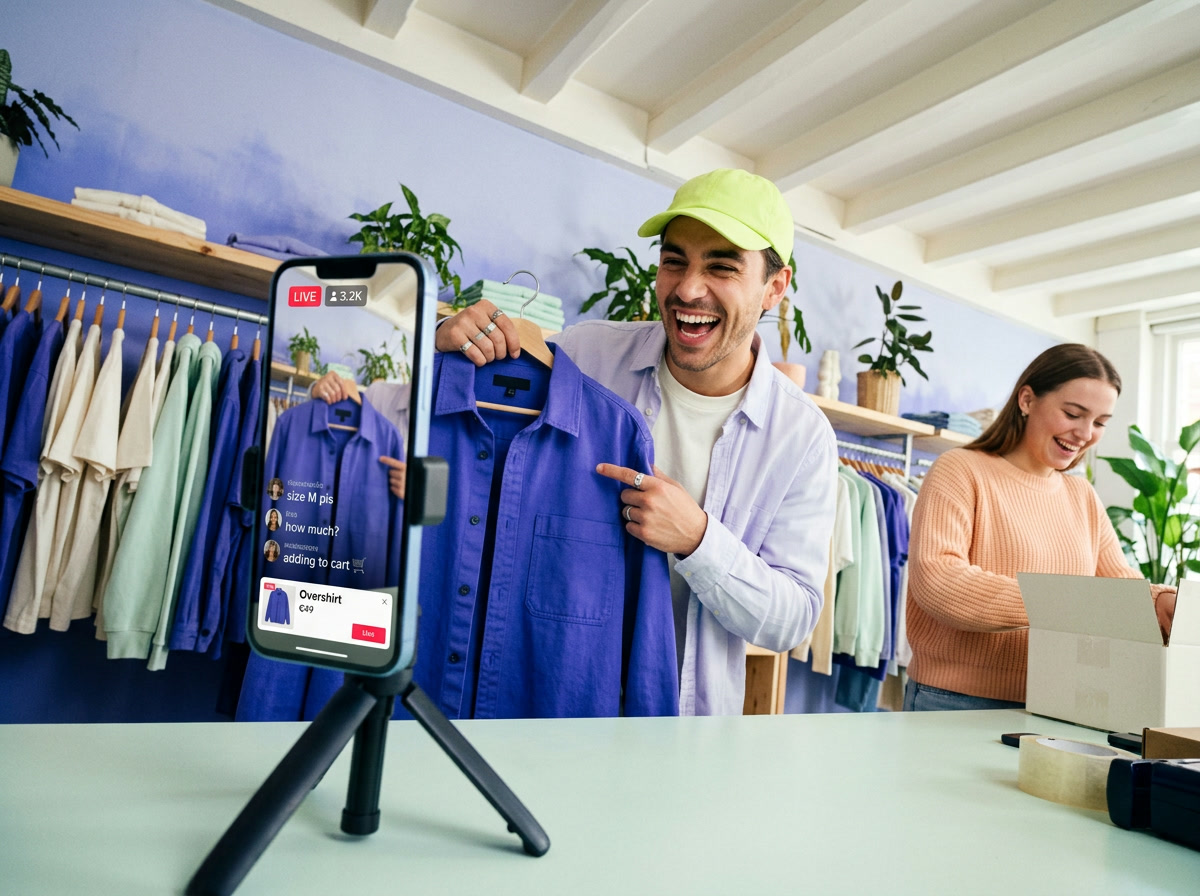 A creator in a clothing shop holds up a purple overshirt during a live stream on a phone, as viewer comments roll in