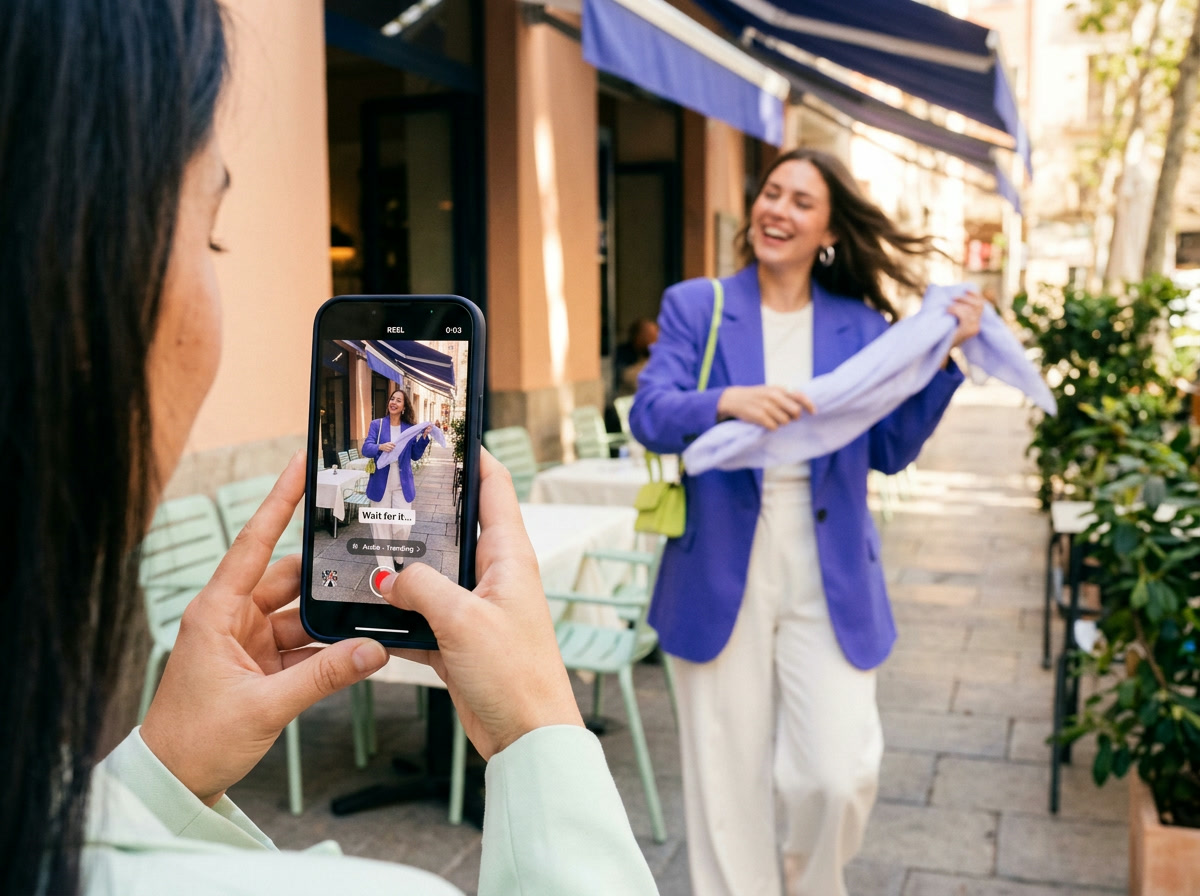 A creator in a purple blazer twirls a scarf on a sunny street while a friend films her for an Instagram reel