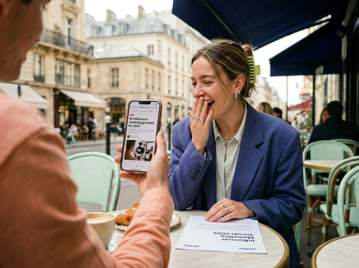 A woman at a Paris café terrace laughs as a friend shows her an article about the 2023 influencer marketing trends, with the white paper on the table