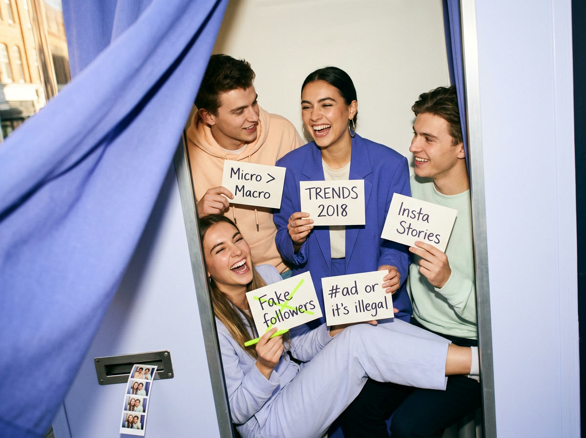 Four friends squeeze into a photo booth holding signs for the 2018 trends: micro over macro, Insta Stories, #ad or it's illegal, and fake followers crossed out