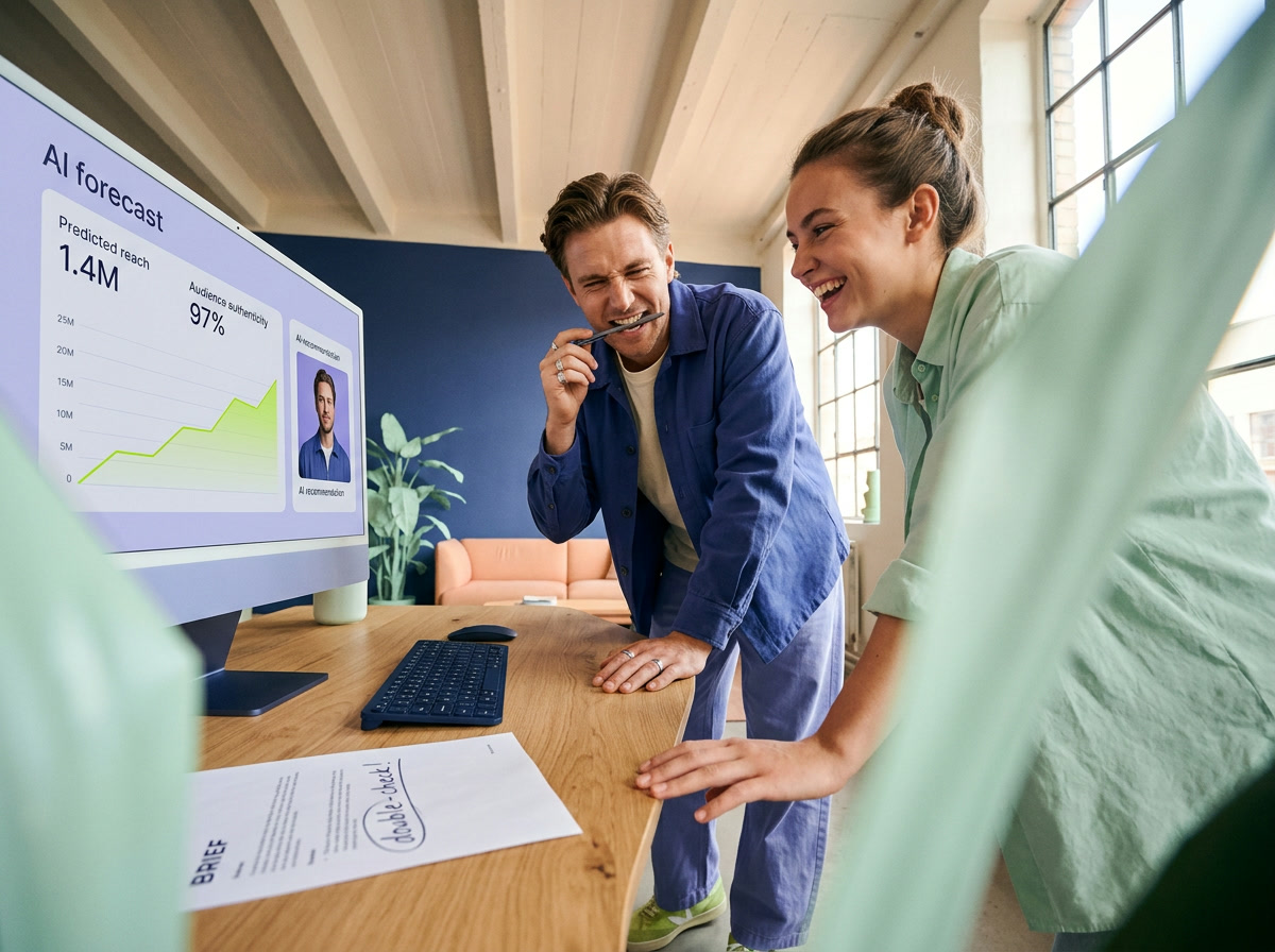 Two marketers laugh at a screen showing an AI forecast of predicted reach and audience authenticity for a creator