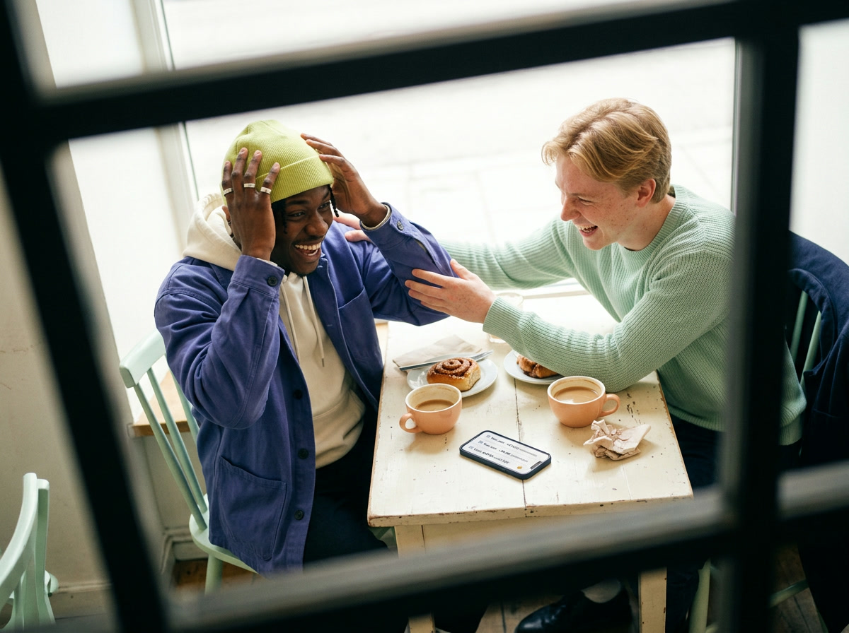 Two friends laugh over coffee and cinnamon buns at a café table, with a phone between them, seen through a window