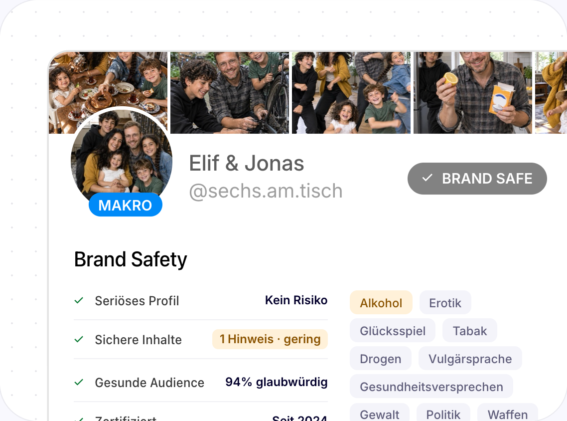 Brand-Safety-Check eines Creator-Profils: verantwortungsvolles Profil, sichere Inhalte, gesunde Audience und sensible Kategorien.