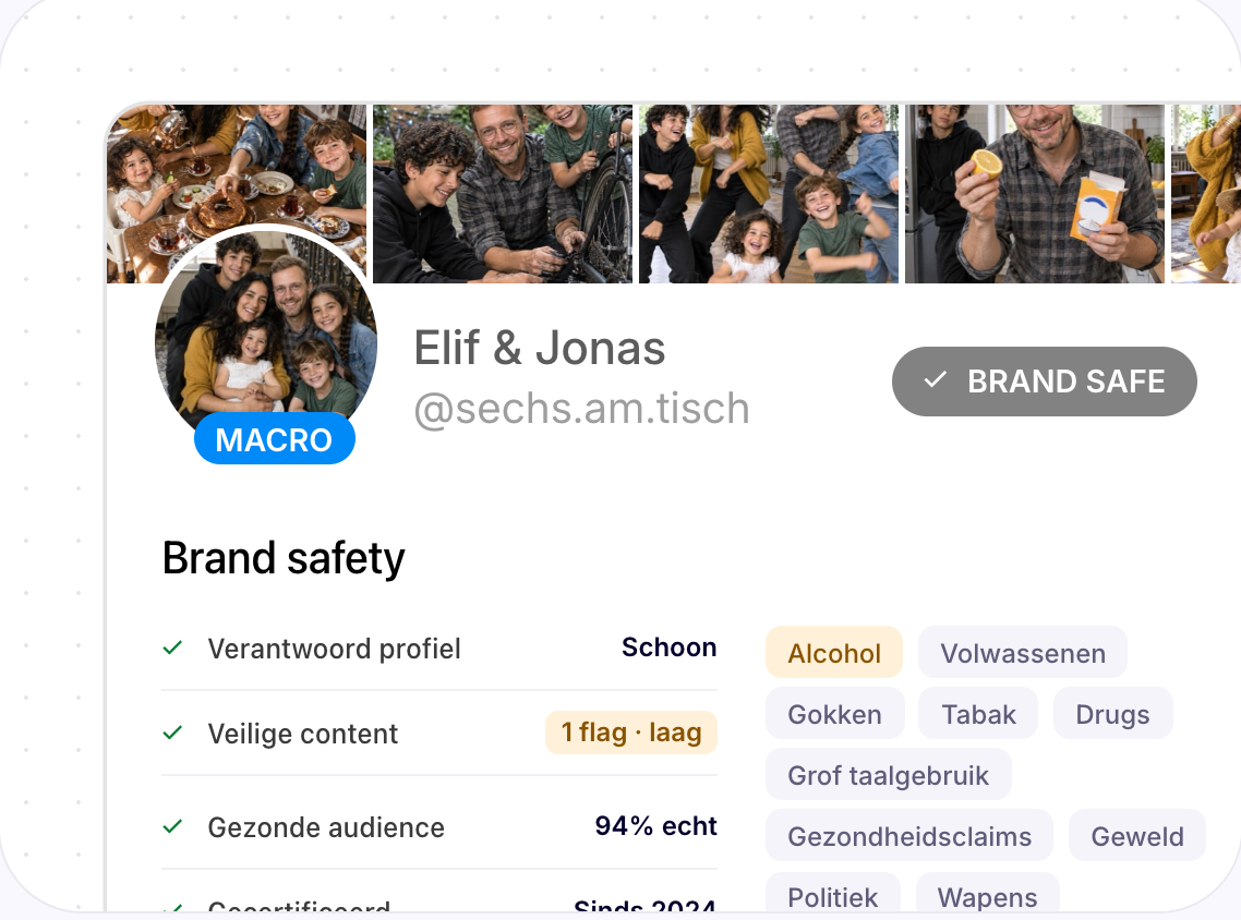 Brand safety-check van een creatorprofiel: verantwoord profiel, veilige content, gezonde audience en gevoelige categorieën.