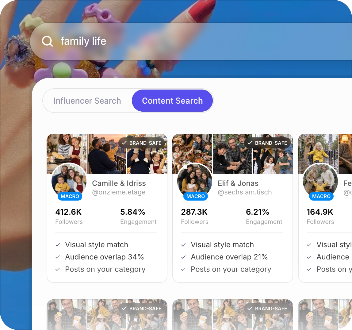 Stellar content search for “family life” showing brand-safe creator cards with followers, engagement and audience overlap.
