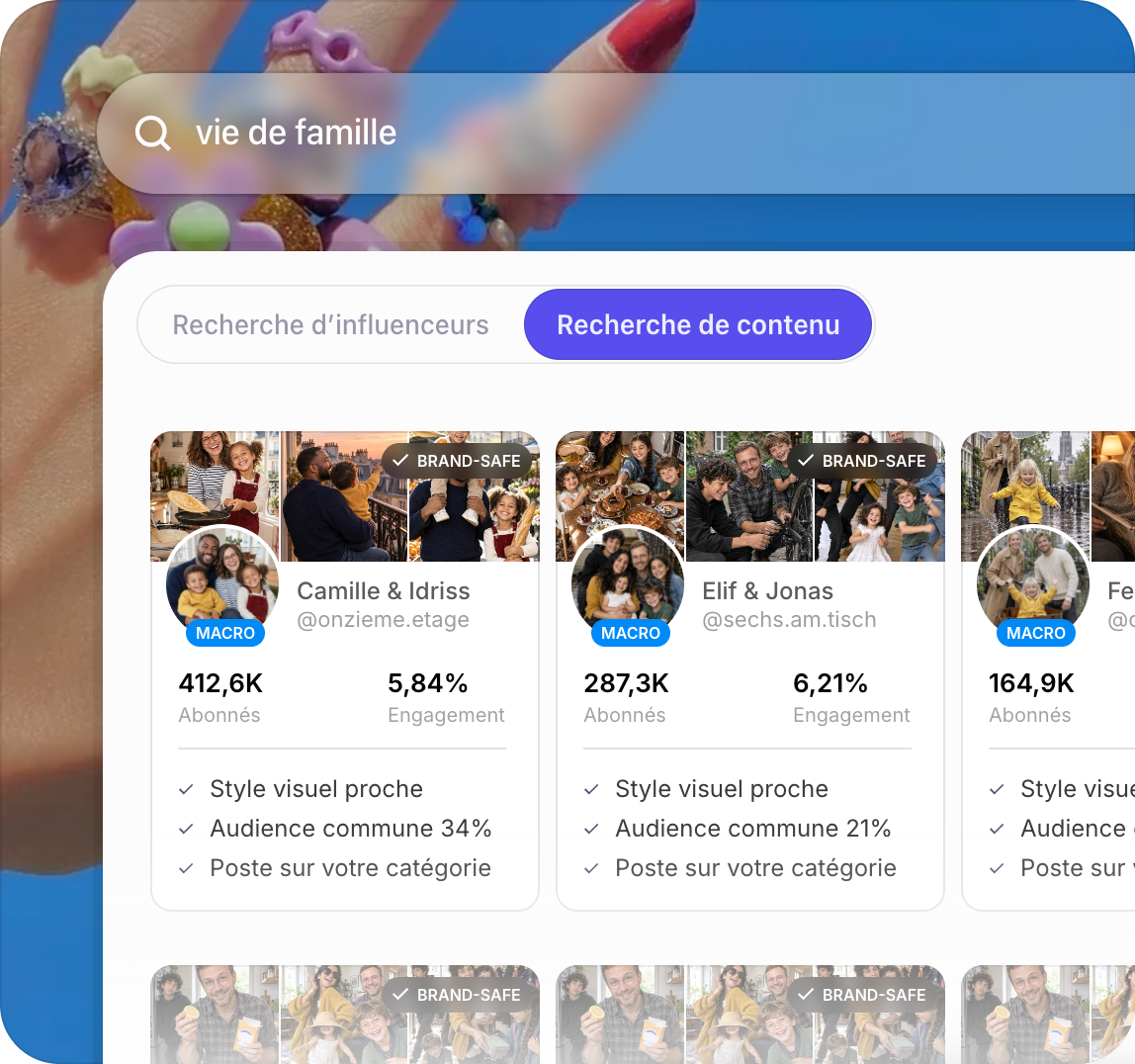 Recherche de contenu Stellar « family life » affichant des créateurs brand safe avec abonnés, engagement et audience commune.