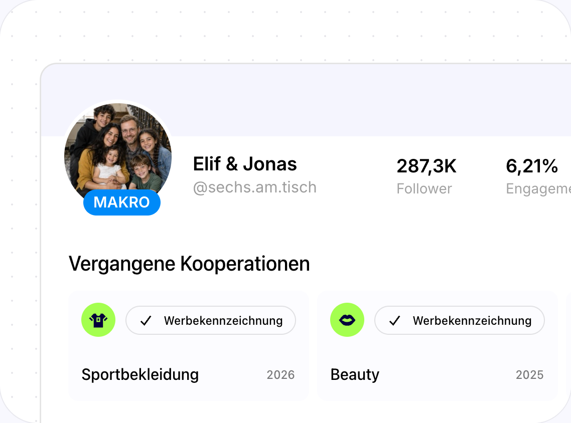 Creator-Profil mit vergangenen Markenkooperationen nach Kategorie und Jahr, jeweils als Werbung gekennzeichnet.