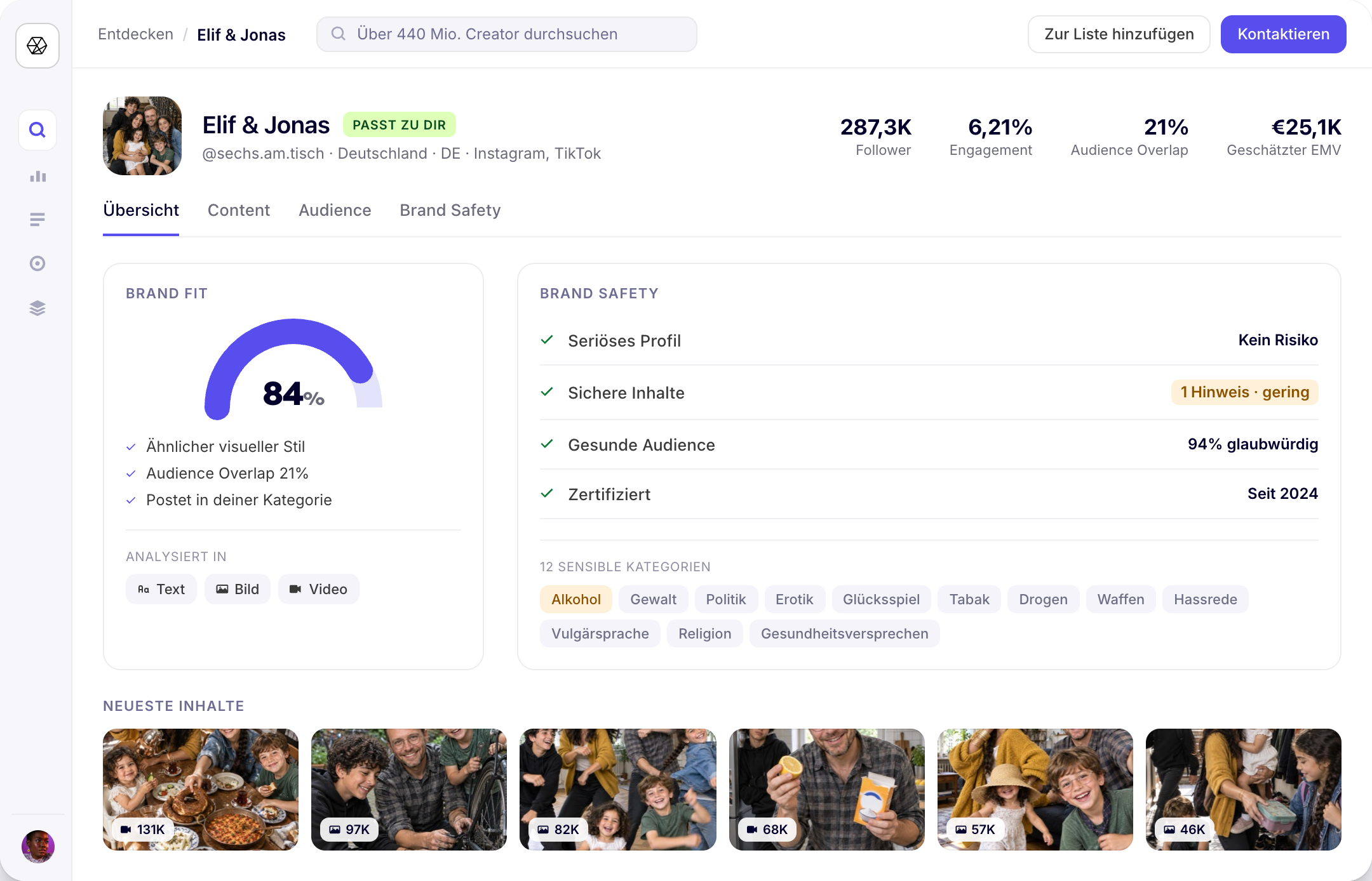 Creator-Profil von Elif & Jonas in Stellar mit Brand-Fit-Score, Brand-Safety-Checks, Kennzahlen und aktuellen Inhalten.