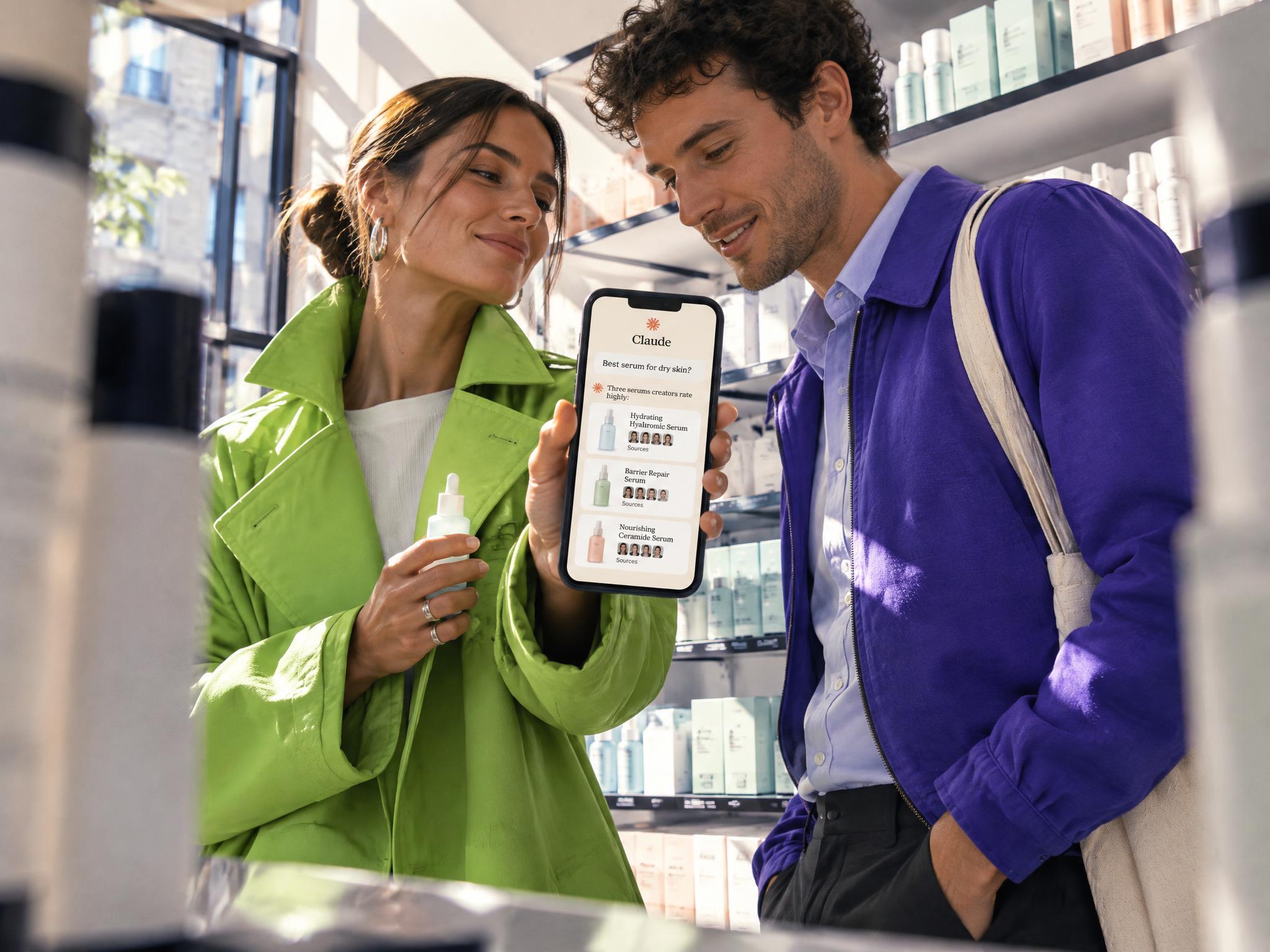 Two shoppers in a skincare store look at a phone where an AI assistant recommends three serums, each backed by creator reviews