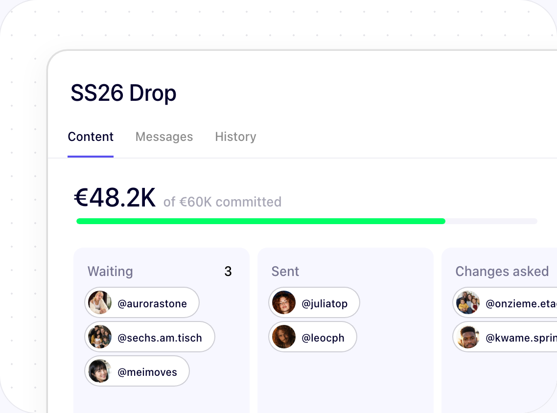 Content approval board for the SS26 Drop campaign: waiting, sent and changes asked.