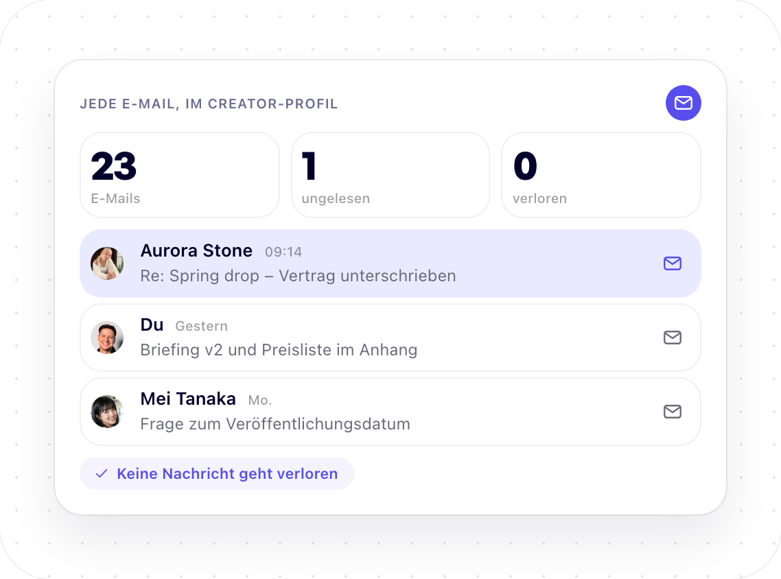 Creator-Postfach in Stellar: jede E-Mail im Creator-Profil, die ungelesene hervorgehoben.