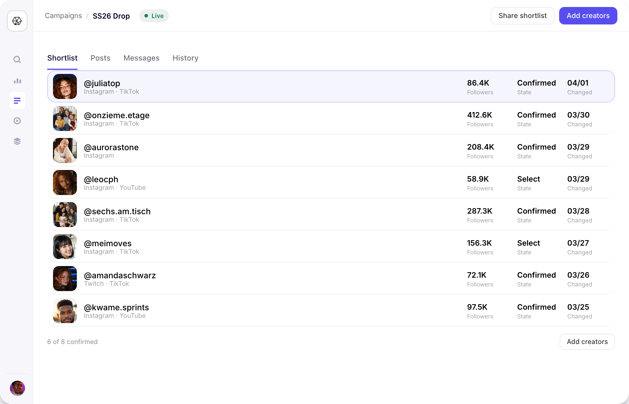 Stellar campaign shortlist for SS26 Drop with creators, followers, status and last change.